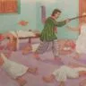 When all the saints had got inside his house, he bolted the main door from inside and put a strong lock there on too. Losing no time, he began to hit the saints with his club one by one.