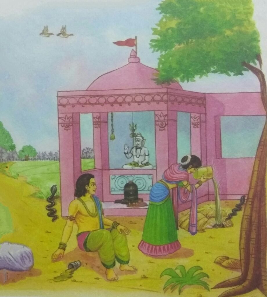 The Princess helped her Husband in regaining good health by getting rid of the Cobra inside his body and also killing the other cobra hiding inside the nearby hole by pouring the hot boiling oil.