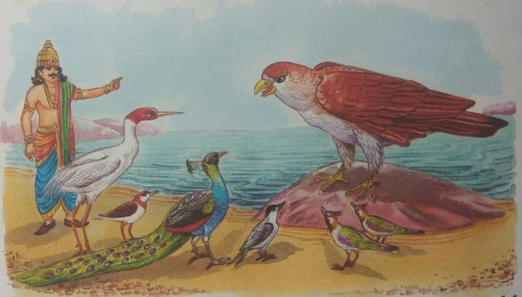 "We must go to our king-Garuda. He is the Lord Vishnu's vehicle," replied the peacock. So, the birds went to Garuda in a body and narrated the entire story. But before the king of the birds could say anything, a messenger of Lord Vishnu arrived there.