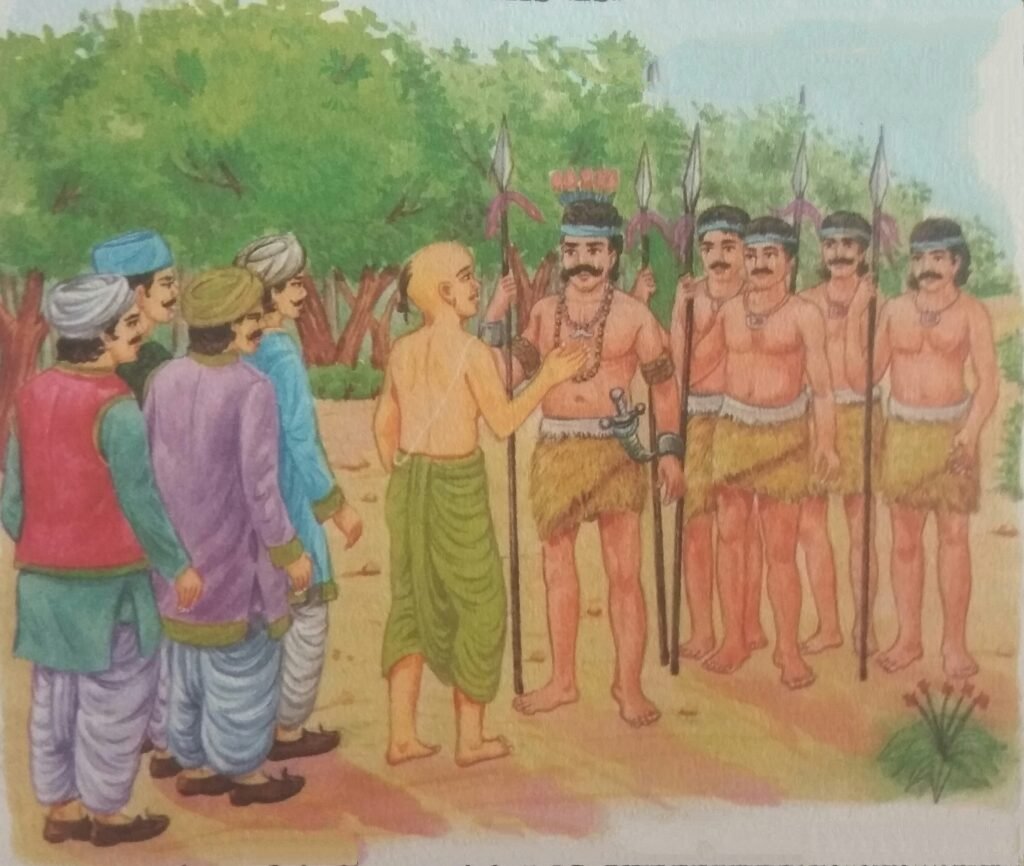 Hearing what the crows were saying, The chief asked his men to catch all the 5 travellers and the brahmin came forward to pacify the Tribe's Chief Leader.