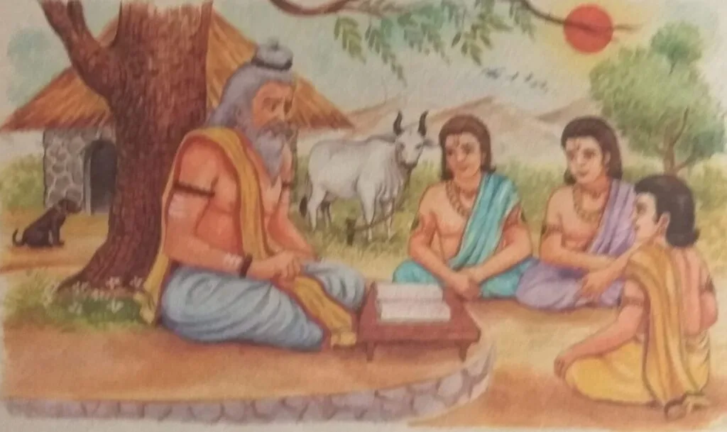 Three princes are being taught by Vishnu Sharma, the author of Panchatantra stories.