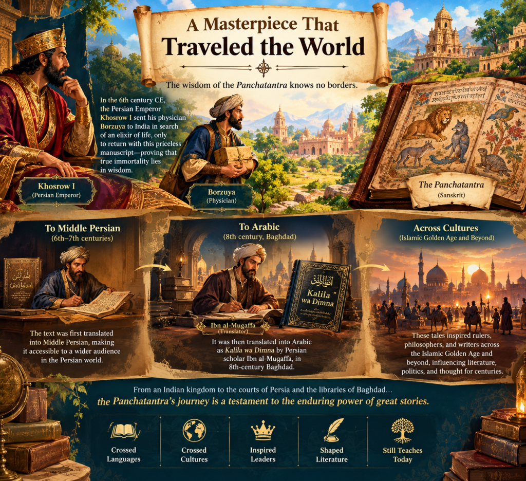 The wisdom of the Panchatantra knows no borders. In the 6th century CE, the Persian Emperor Khosrow I sent his physician Borzuya to India in search of an elixir of life, only to return with this priceless manuscript—proving that true immortality lies in wisdom. Translated into Middle Persian and later into Arabic as Kalila wa Dimna by Persian scholar Ibn al-Muqaffa in 8th-century Baghdad, these tales inspired rulers, philosophers, and writers across the Islamic Golden Age.