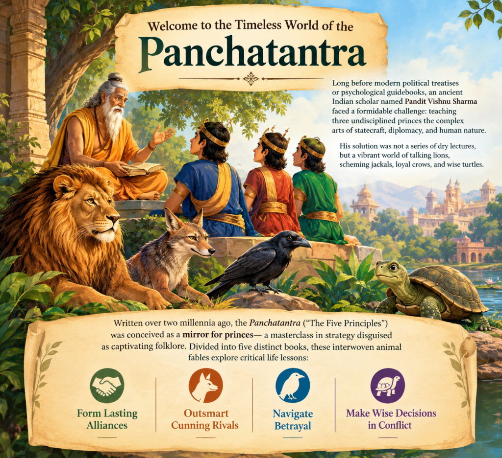 Long before modern political treatises or psychological guidebooks, an ancient Indian scholar named Pandit Vishnu Sharma faced a formidable challenge: teaching three undisciplined princes the complex arts of statecraft, diplomacy, and human nature. His solution was not a series of dry lectures, but a vibrant world of talking lions, scheming jackals, loyal crows, and wise turtles.