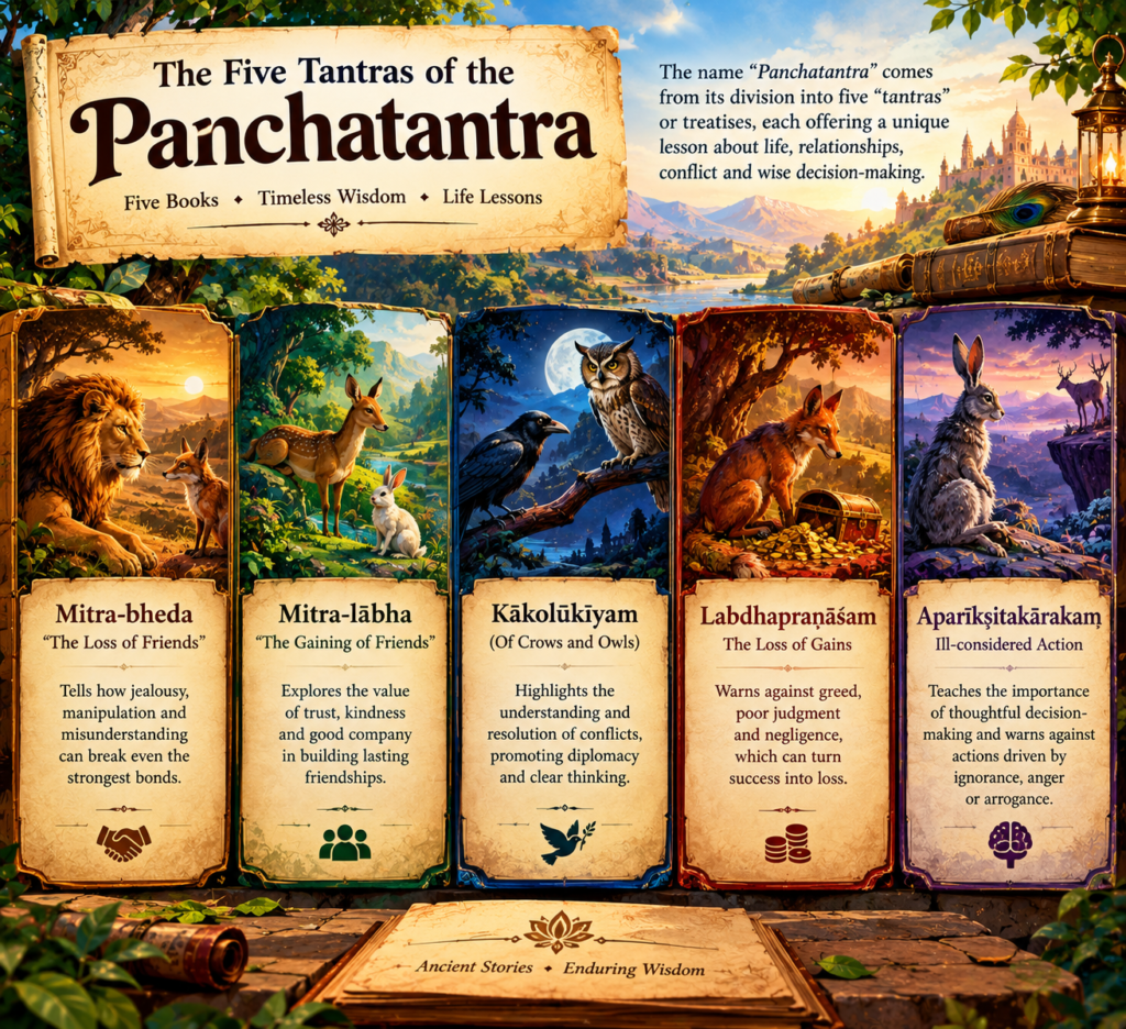 The name “Panchatantra” comes from its division into five “tantras” or treatises.