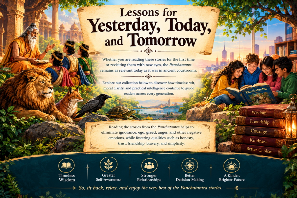 Reading the stories from the Panchatantra helps to eliminate ignorance, ego, greed, anger, and other negative emotions, while fostering qualities such as honesty, trust, friendship, bravery, and simplicity.