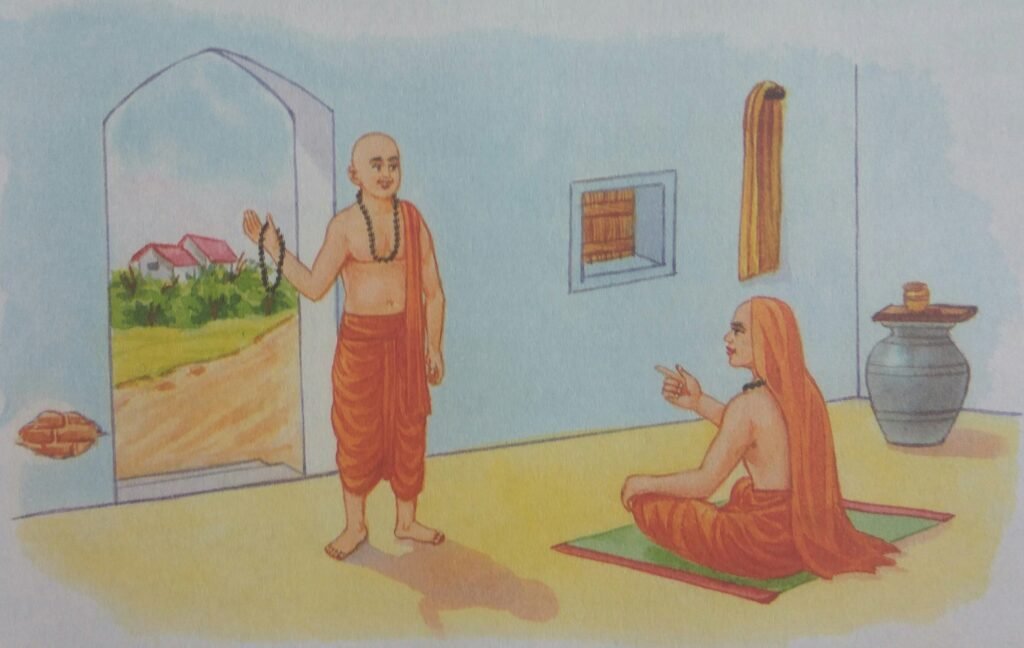 Dev Sharma ordering Aashadbhooti to sleep outside the monastery at night since ascetics never sleep in company.