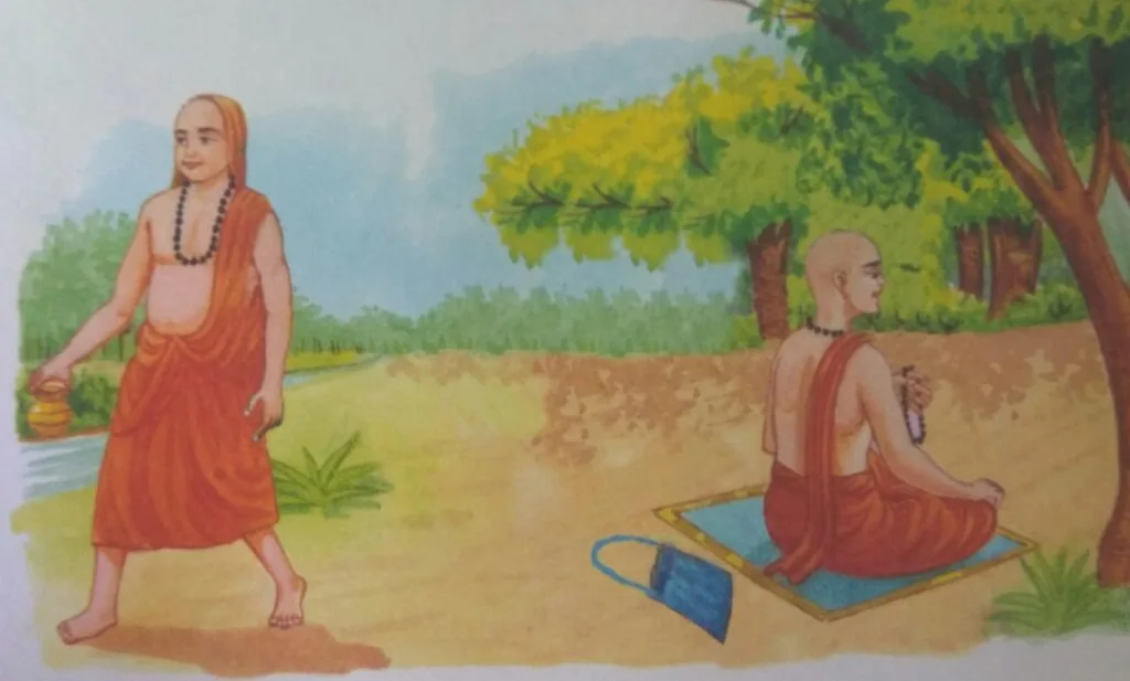 When Dev Sharma saw Aashadbhooti perfectly lost in bead-counting, he left the place to ease himself after gently placing the bag of wealth behind his pupil's back.
