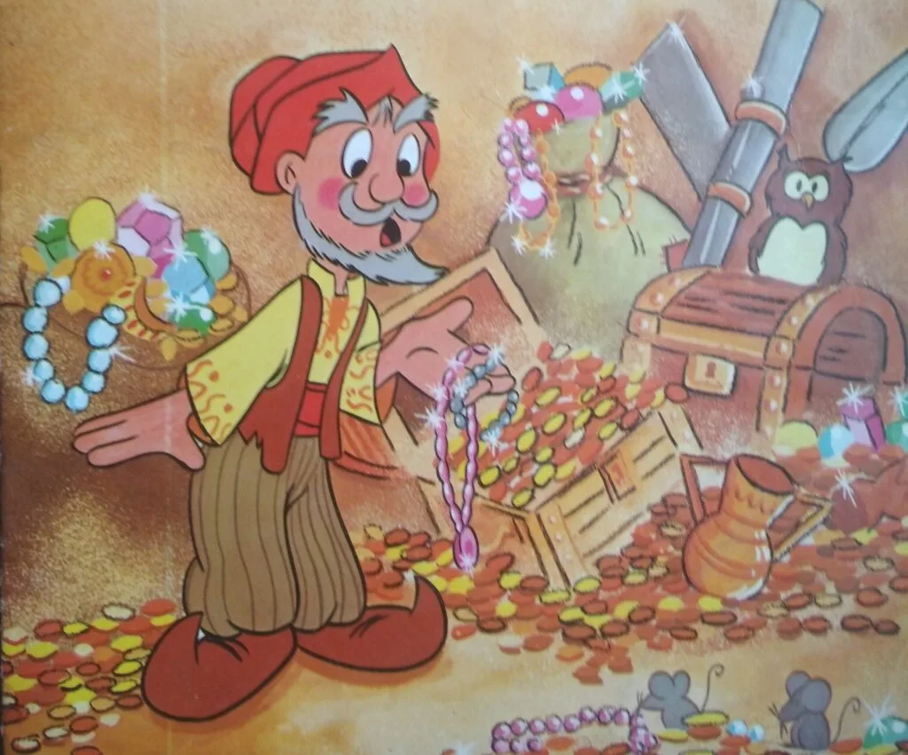 Ali Baba is surprised seeing so much wealth of the Theives' hideout