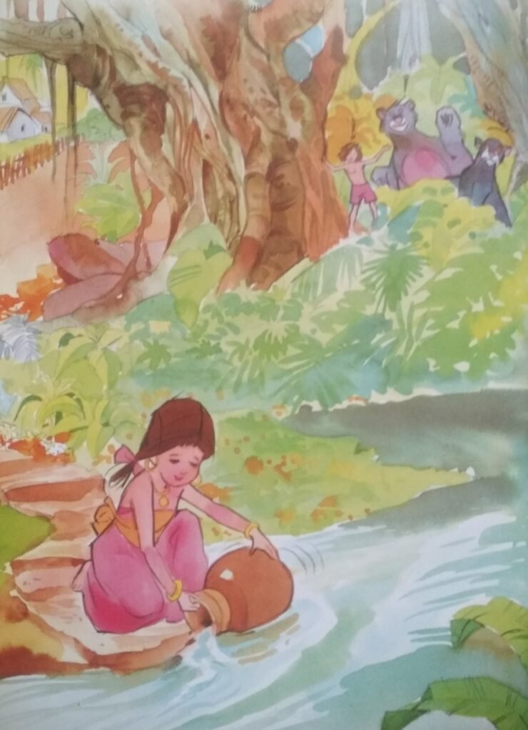 Raafay, Bagheera and Baloo all ran forward till they reached the pond at the edge of the forest. A beautiful girl was singing a song as she filled water in her pot.