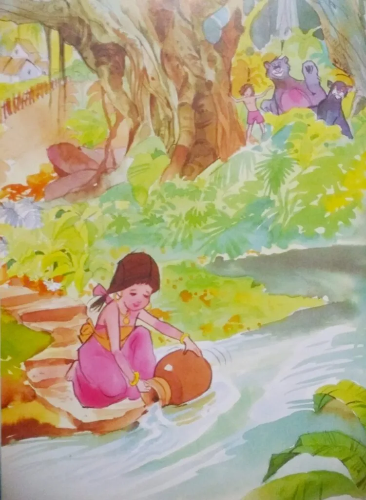 Raafay, Bagheera and Baloo all ran forward till they reached the pond at the edge of the forest. A beautiful girl was singing a song as she filled water in her pot.