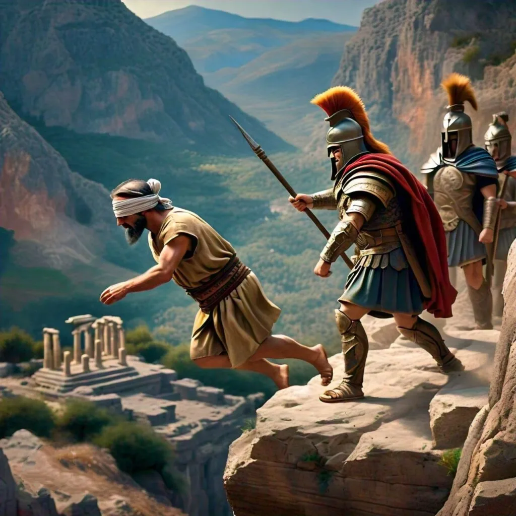 The enraged guardians of the temple, feeling perhaps that their sinecure might be in danger, condemned Aesop, the ambassador of Croesus, to be hurled to his death from a high cliff outside the city.