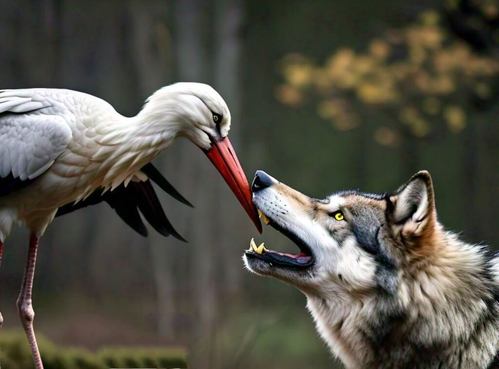 At last, a kind-hearted stork with a long, slender neck and a long bill, took pity on the wolf.