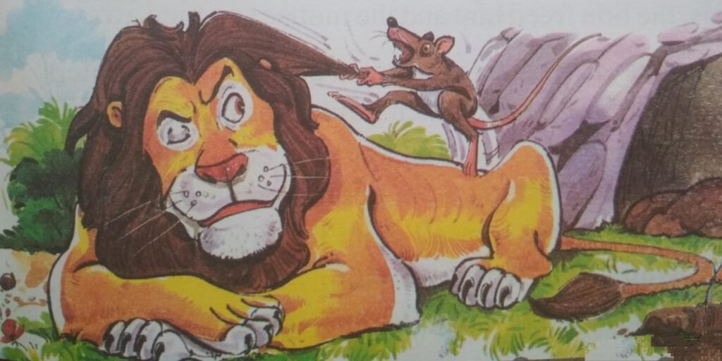 A little mouse, not realising what he was doing, ran all over the lion's body and woke him up. The lion was furious.