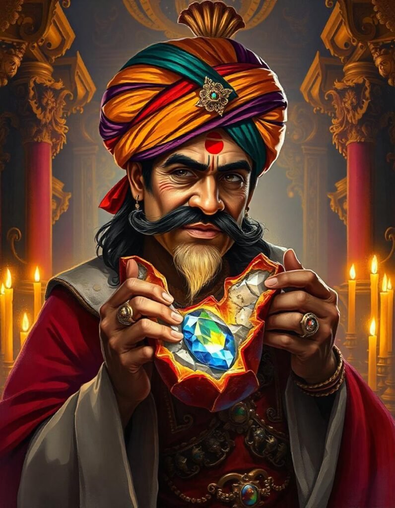 The King Vikramaditya picked up a fruit and tore it apart. A fine big size gem popped out.