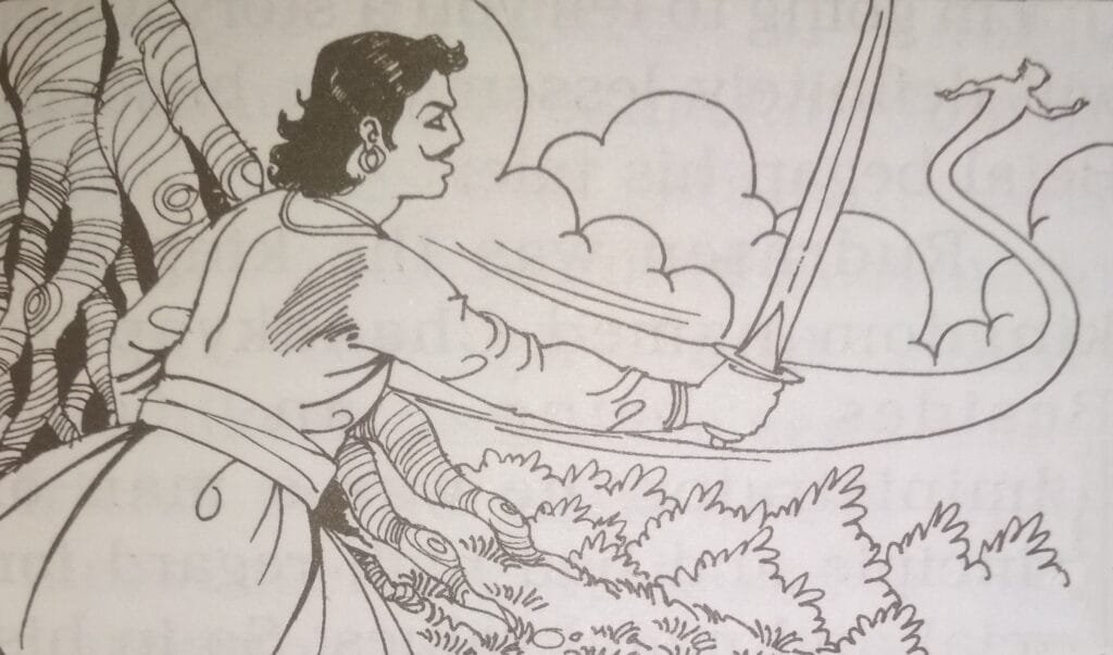 "Your judgment is indeed laudable!" remarked Betal. "However, since you could not remain silent, I am leaving you." Saying so, Betal flew back towards the old peepal tree while Vikramaditya, holding his sword, rushed to catch him.