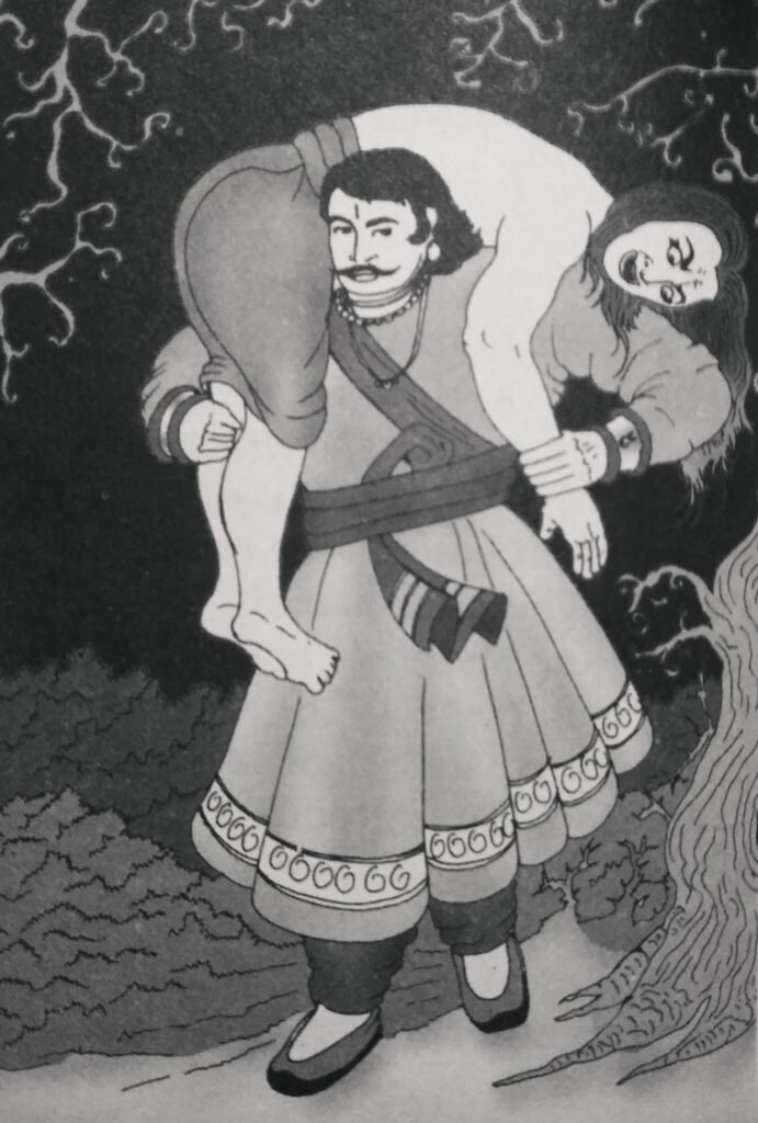 While chasing Betal, King Vikramaditya reached back to the old peepal tree and found him hanging on the tree in his original position. The king pulled the corpse onto his shoulder and proceeded on his mission.