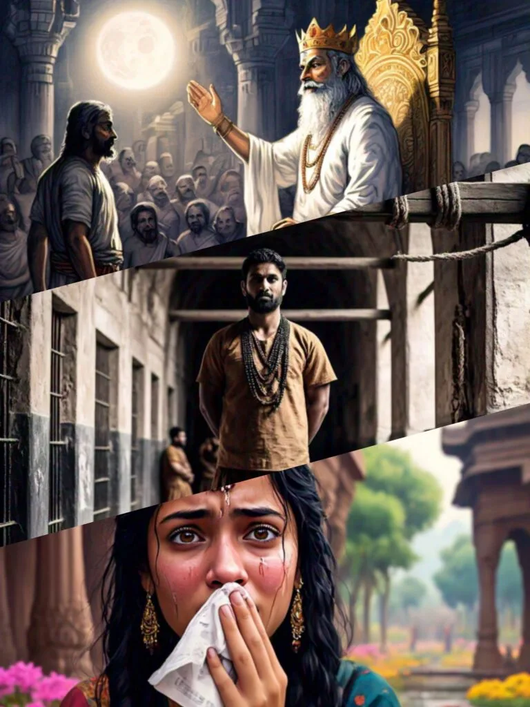 Hardly had they enjoyed their married life when, one day, the young thief was caught by the king's men while robbing a house. As this thief had been at large for quite some time and caused much trouble, the angry king sentenced him to death. When Satyavati heard the news, she was shattered and worried because she was bearing a child in her womb from her hidden marriage.
