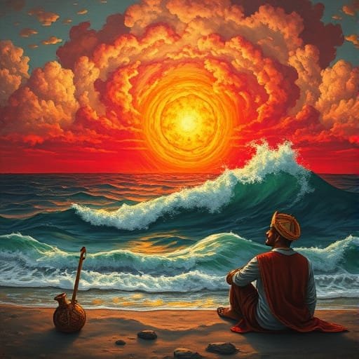 One day, Jatakesh wandered the whole day, and in the evening, he sat on the seashore to relax. The sight of the unending roaring sea, ready to gulp the sun, and the sky blazing red in anger amazed Jatakesh. He was charmed and decided to spend the night on the shore, watching the changing mood of the vast sea.