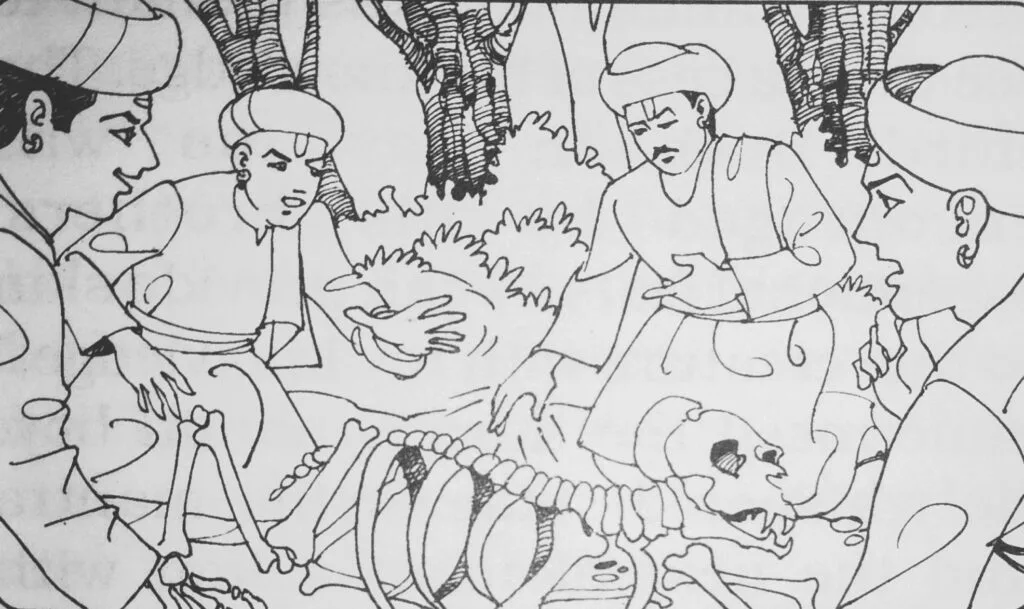 In the middle of the forest, at one spot, the Brahmin boys saw a heap of bones lying.
