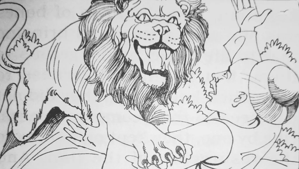 The fourth Brahmin boy barely had time to feel happiness for the success of his knowledge when the hungry lion pounced upon him and killed him. Before the other Brahmin boys could react, they too were killed by the lion.