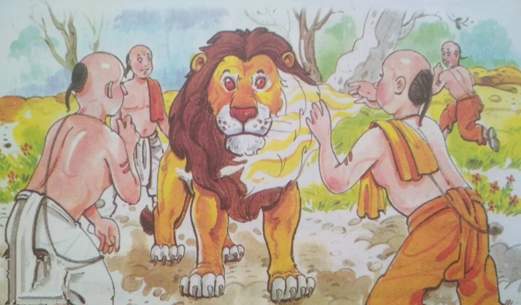 The third Brahmin boy, encouraged by his brothers' exceptional feats, declared, "I can provide skin to this creature with my knowledge." He whispered some divine mantra, and in the next moment, a lion with lustrous skin was lying in front of them. Its eyes were closed, for it was not alive.
