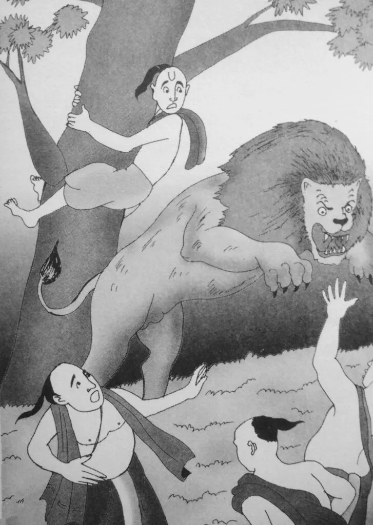 Without thinking further about the consequences, the fourth brahmin boy sat down to meditate. He had barely chanted a few phrases of his magic mantra when the roar of a lion interrupted him. A big, ferocious lion was standing in front of them and was ready to jump on its prey.