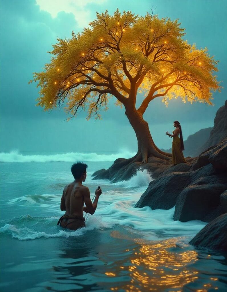 Jatakesh didn't waste time and immediately swam up to the tree. He asked the girl who she was and where she had come from.