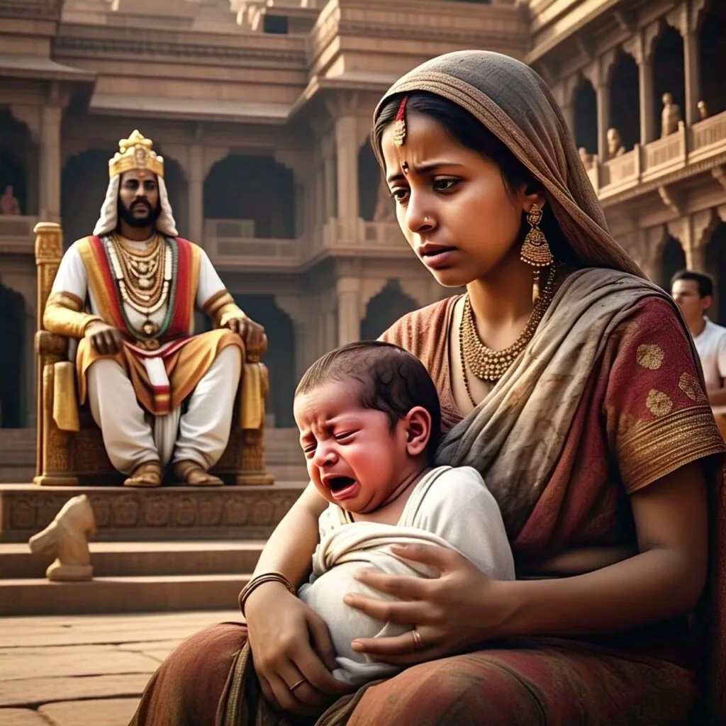 Having been thrown out of the house, the girl had no place to go, so she approached the King Ashoka for justice.