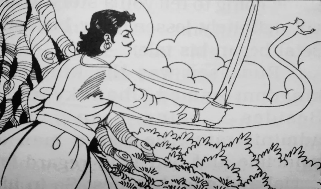 As soon as he heard the explanation, Betal left the King Vikram and flew in the sky leaving the king running after him.