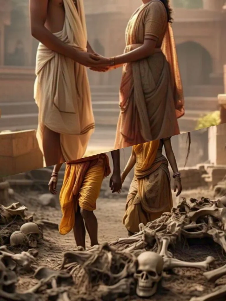 On the way, Rajendra saw heaps of bones and many human skulls. When he asked Vanathi about it, she explained, "These are the bones of the Naga people, killed by Garuda, the king of eagles."