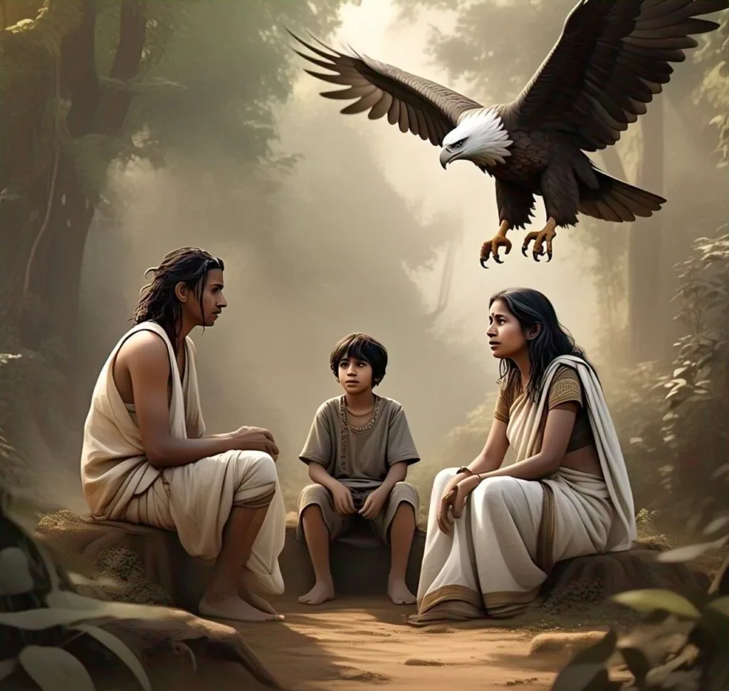 The next day, at the same spot, Rajendra saw a Naga mother crying inconsolably as she led her visibly frightened teenage son to the piles of bones for Garuda to consume. Upon inquiry, he learned that the Nagas had to sacrifice one member of their community daily for Garuda, and today it was her son's turn. Prince Rajendra, known for making sacrifices for his people, was moved by her plight and offered himself to be eaten by Garuda instead of her son.