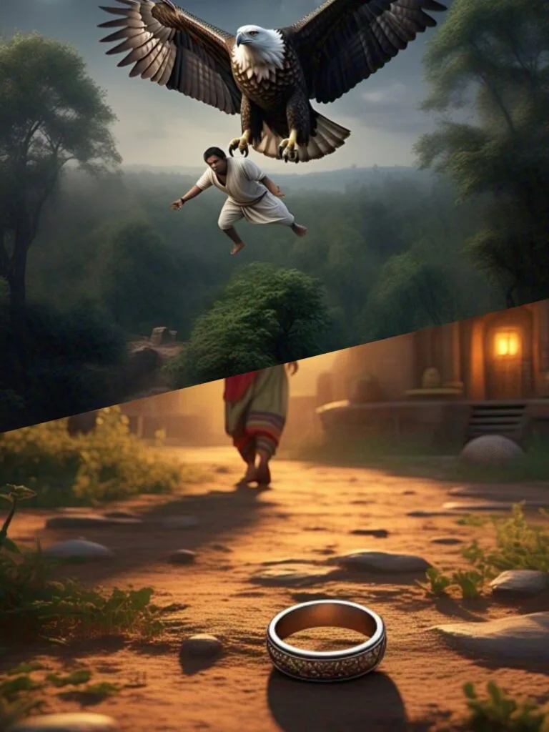 Just then, Garuda swooped down to snatch its prey. Rajendra stepped in front of the young Naga son, and Garuda seized him and took Rajendra to the top of the mountains to devour him. While Rajendra was being carried away, his bloodied ring fell near his cottage, which was picked up by his wife, Vanathi. Sensing trouble, she rushed towards the mountain top to save her husband's life.
