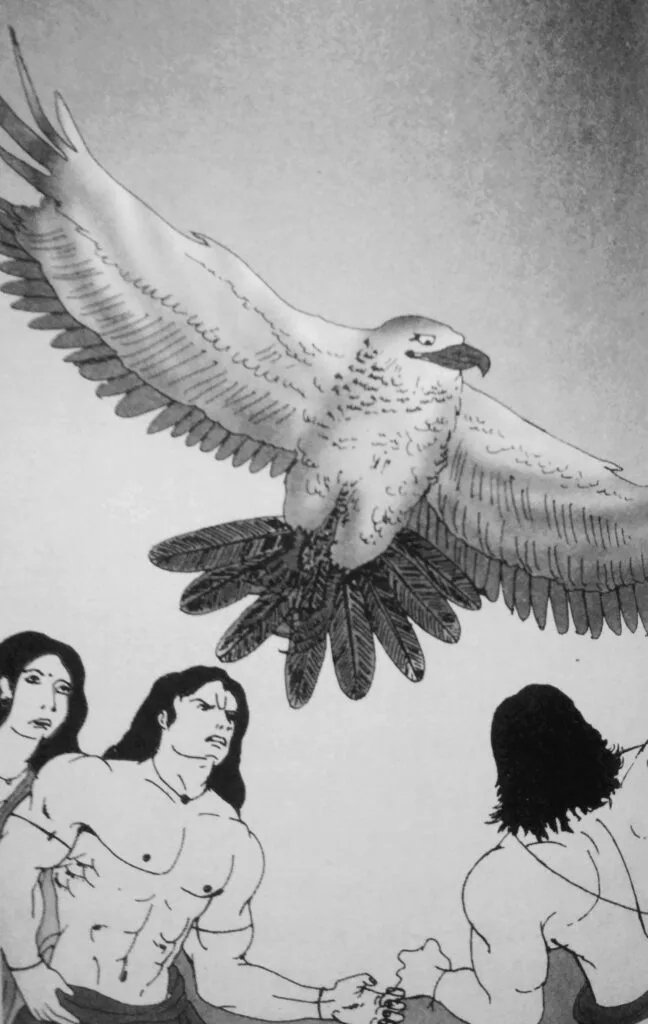 But Garuda, the king of eagles, reached the mountain top much earlier due to his powerful wings. As he began to consume Rajendra by ripping off his skin and flesh, Rajendra cried out, "For the sake of humanity, let the Naga people live in peace and happiness." The moment Prince Rajendra uttered these words, Garuda realized that his prey was not from the Naga community. Meanwhile, the young Naga son, for whom Rajendra had offered himself, rushed up earlier than Vanathi and pleaded, "Don't take his life. Instead, take mine, as I am the Naga, not he. Devour me as your prey." But it was too late; Rajendra had died a painful death from his wounds. Just then, Vanathi arrived and, seeing her husband's lifeless body, prayed to Goddess Lakshmi, who brought him back to life. Garuda was moved by this turn of events and Rajendra's benevolent nature."