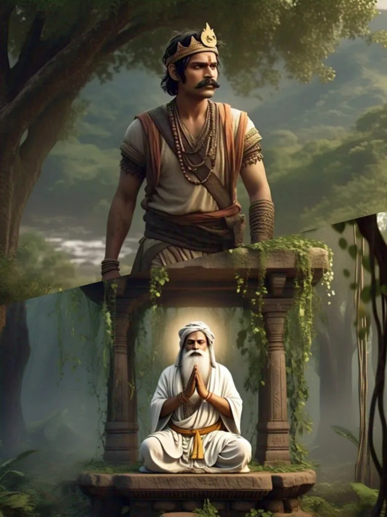 King Shakuni knew instantly that he was going to have a hard time without any luxuries which he once had and felt completely disheartened. He wandered for days till he reached the deepest part of the forest in the hope of not getting discovered by anyone, but to his surprise, he saw a hermit in deep meditation. Being humble due to the unfortunate turn of events, King Shakuni paid his respects to the hermit and narrated all the recent happenings of his life. The hermit listened attentively and found him to be weak-minded, who needed a corrective course of action. Therefore, the hermit chanted some divine mantras and created a palace, and asked the king to stay in it for the night, which King Shakuni gladly accepted.