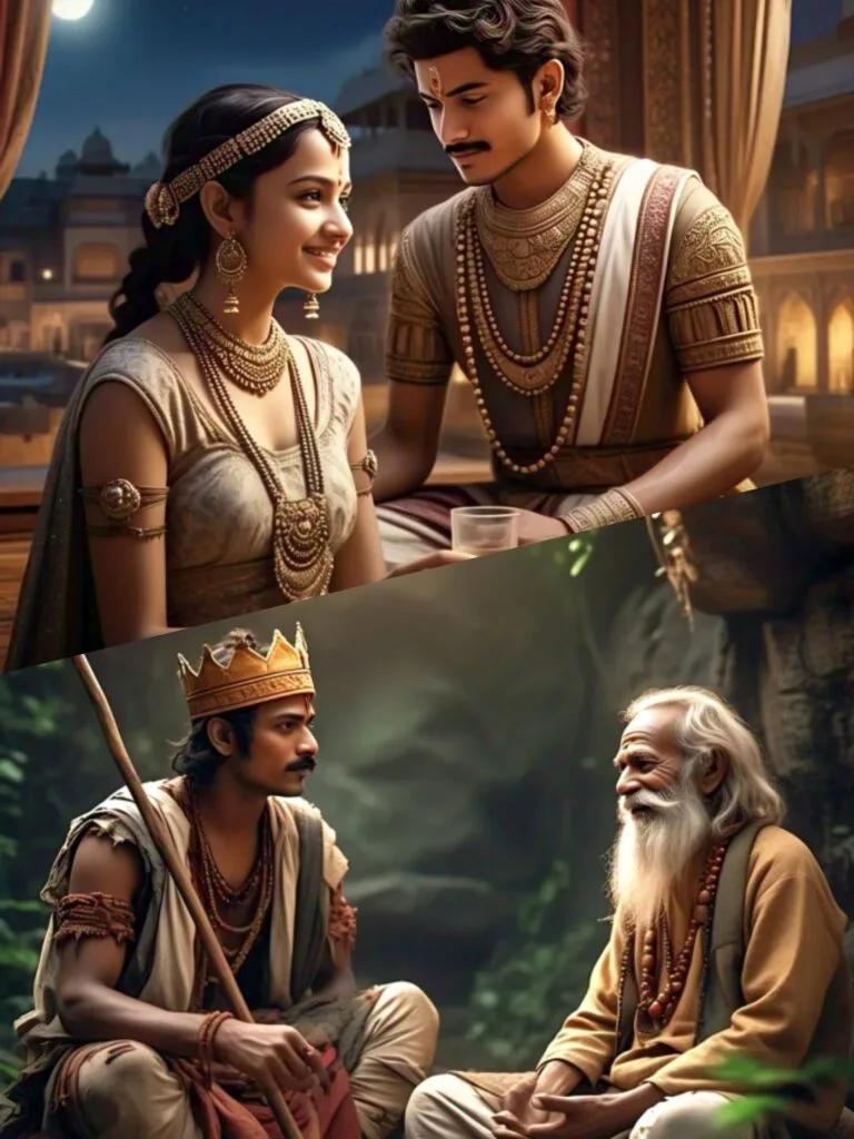 Once inside the palace, King Shakuni was greeted by a beautiful woman who served him a glass of water. As the king was tired due to physical and mental exertion, he ate and drank everything that was served to him by the young woman that night and went to sleep. In the morning, he found himself sleeping on the floor of the forest. There was no sign of the palace or the beautiful maid. The clueless king returned to the hermit and asked about the palace and the lady.