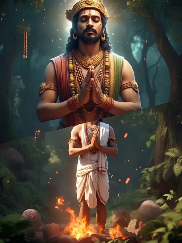King Shakuni followed the instructions of the hermit and built a fire around himself. Standing in the middle of the extreme heat, he started chanting the mantras for another forty days