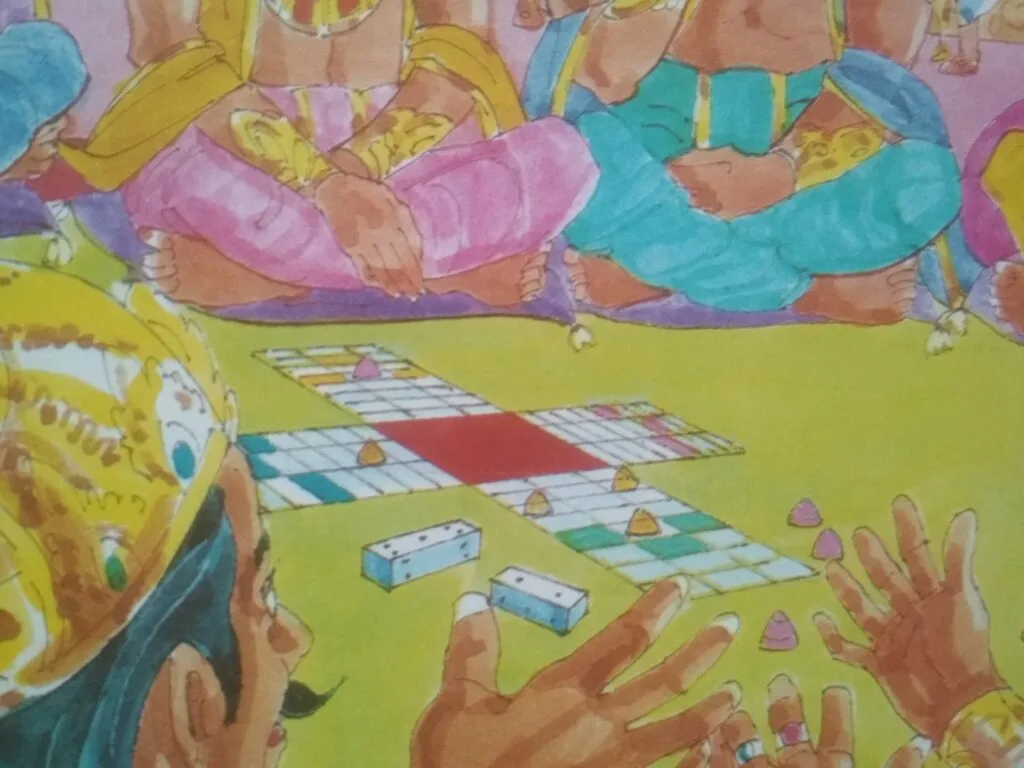 Betal started to tell the story:
During the Mahabharata era, there was a kingdom called Gandhara, ruled by a king named Shakuni. Although his deceased parents were known for their generosity, he was addicted to the game of gambling. This weakness would bring about his downfall. One day, in a gambling game, he lost a fortune. Desperate to recover it, he pledged his entire kingdom in another gambling game, and this time too he was on the losing side. His opponents claimed his newly lost kingdom and divided it among themselves, banishing King Shakuni from the kingdom.
