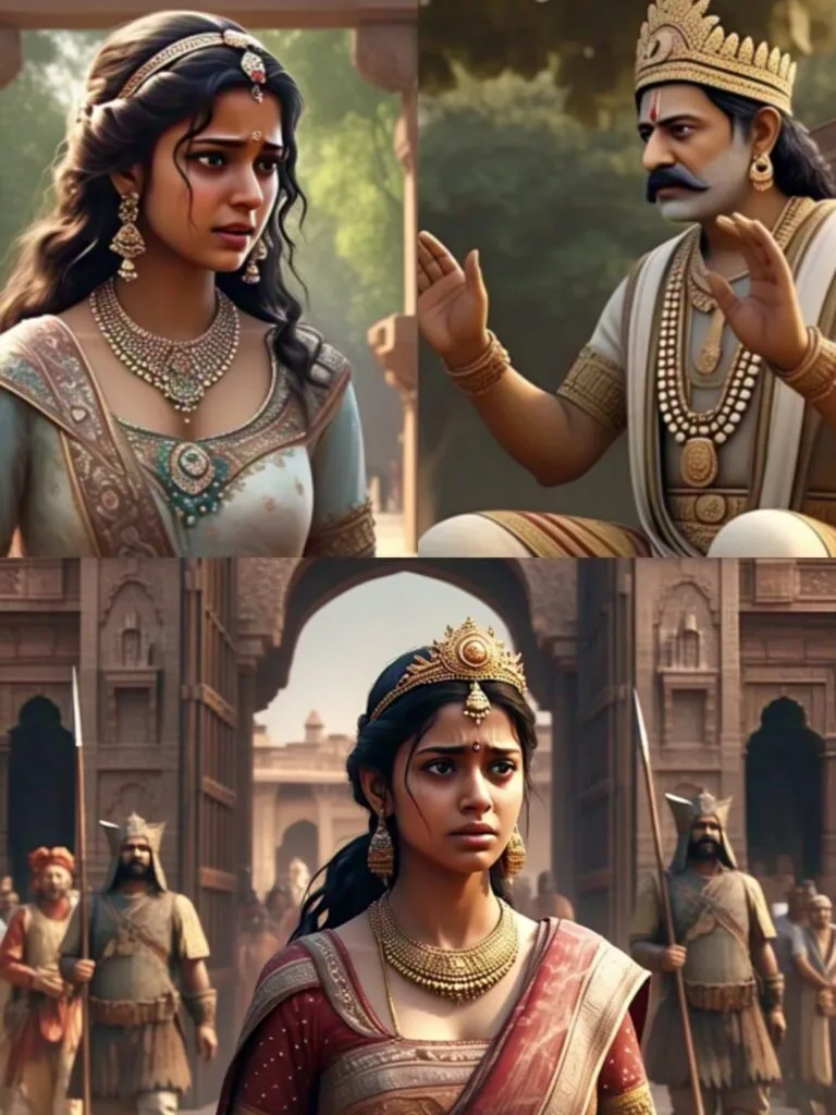The jeweler was immediately arrested and presented before the king. He told King Nahapana everything about how the royal jewels came into his possession. King Nahapana examined the jewelry and quickly realized it belonged to the princess. Princess Dakshamitra was summoned, and being a virtuous and kind lady, she admitted to the king that the jewelry was hers. She recounted how she was robbed on her way to meet her lover on that fateful day. King Nahapana was so angry that he banished her from his kingdom forever.