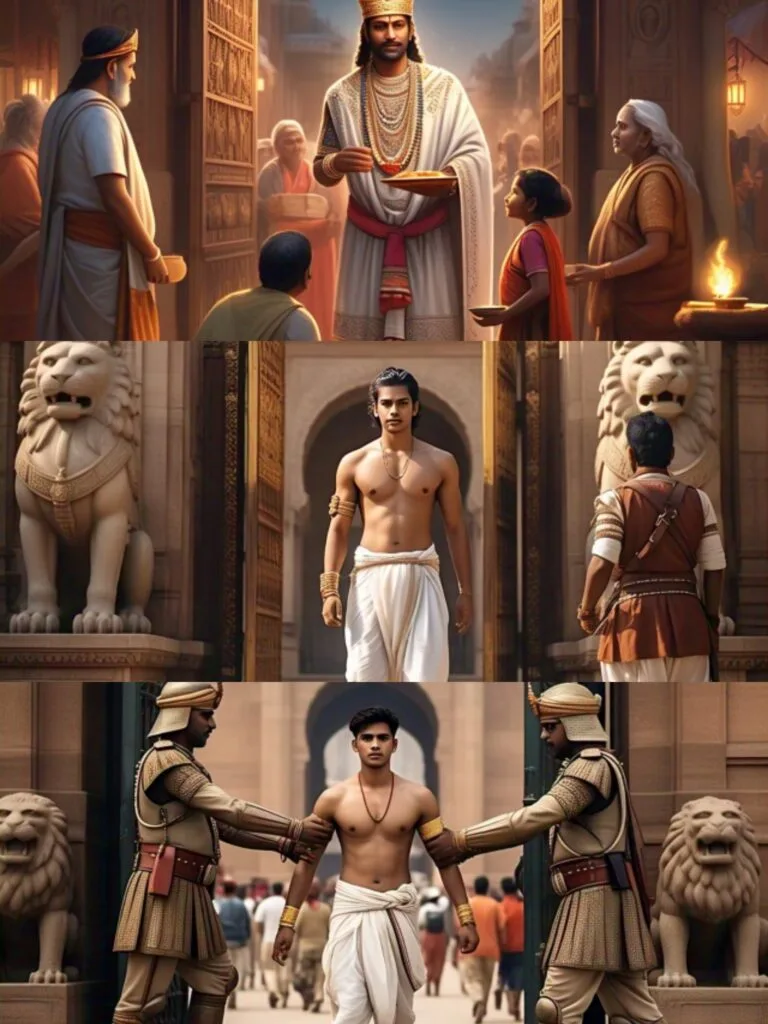 In his kingdom, there lived another young man named Jitendra, who lived in a remote place away from the hustle and bustle of the kingdom's capital. He was very skillful and employable, but due to the lack of opportunity in his place, he remained jobless. It was his desire to serve King Dharmendra that led him to search for employment in the royal palace of King Dharmendra. But alas, the royal security guards stationed at the palace gates wouldn't allow Jitendra to meet the king. Each time, the royal guards would send him away for some reason or another.