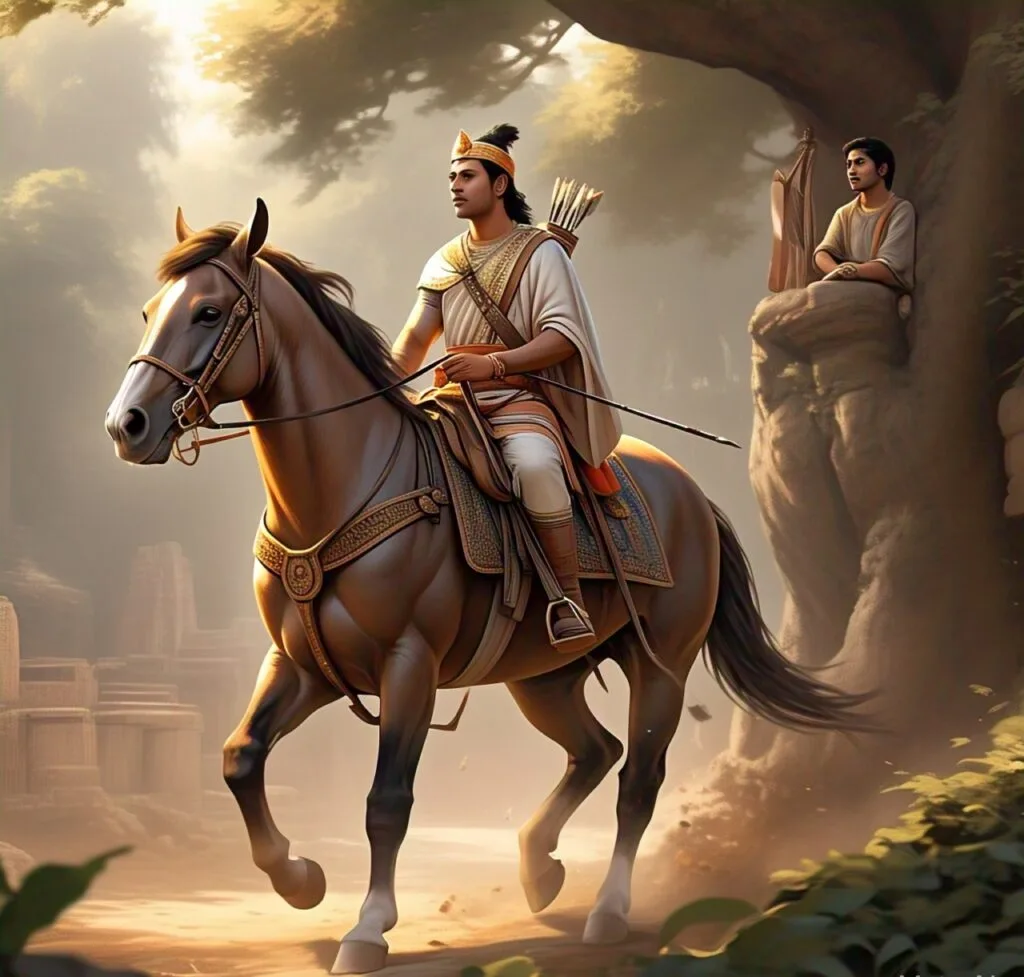 But determined Jitendra would not give up so easily. He was in search of a way to meet the king without drawing the attention of the royal guards. Luckily for him, he learned that King Dharmendra would be going on a hunting expedition in a nearby forest of his kingdom all alone. Jitendra didn't want to waste this opportunity, so he waited for the king at the outskirts of the forest. Soon, the king, armed with a bow and arrows, arrived at the forest on his horse and entered the forest while Jitendra followed him on foot.