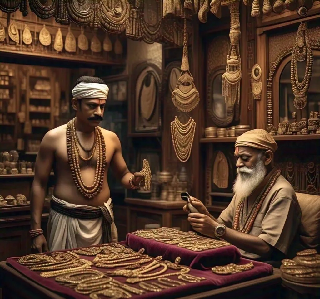 Meanwhile, Mathara, who had met with several jewelers, gathered information about the greediest jeweler in the capital. He sold Princess Dakshamitra's looted jewelry to this jeweler at a significantly lower rate. Mathara knew that the subtle royal markings on the jewels would be enough to bring the jeweler before the king's court. When the jeweler attempted to sell the royal jewels to a customer, the customer refused, recognizing the royal markings. Fearing punishment from King Nahapana for concealing the jewels, the customer went to the king and informed him about the royal jewels in the possession of the local jeweler.