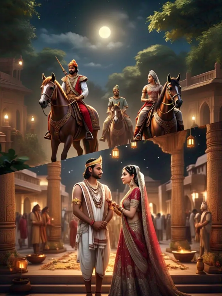 King Kanishka waited for Princess Dakshamitra at the outskirts of her kingdom and took her to his. On the way, he disclosed the entire plan, explaining how they had acted it out. King Kanishka said, "Your father would not have entertained my marriage proposal, as he had already committed to Prince Rishabhadatta." Princess Dakshamitra was overjoyed that he loved her so much. Soon, King Kanishka and Princess Dakshamitra were married and lived happily ever after.