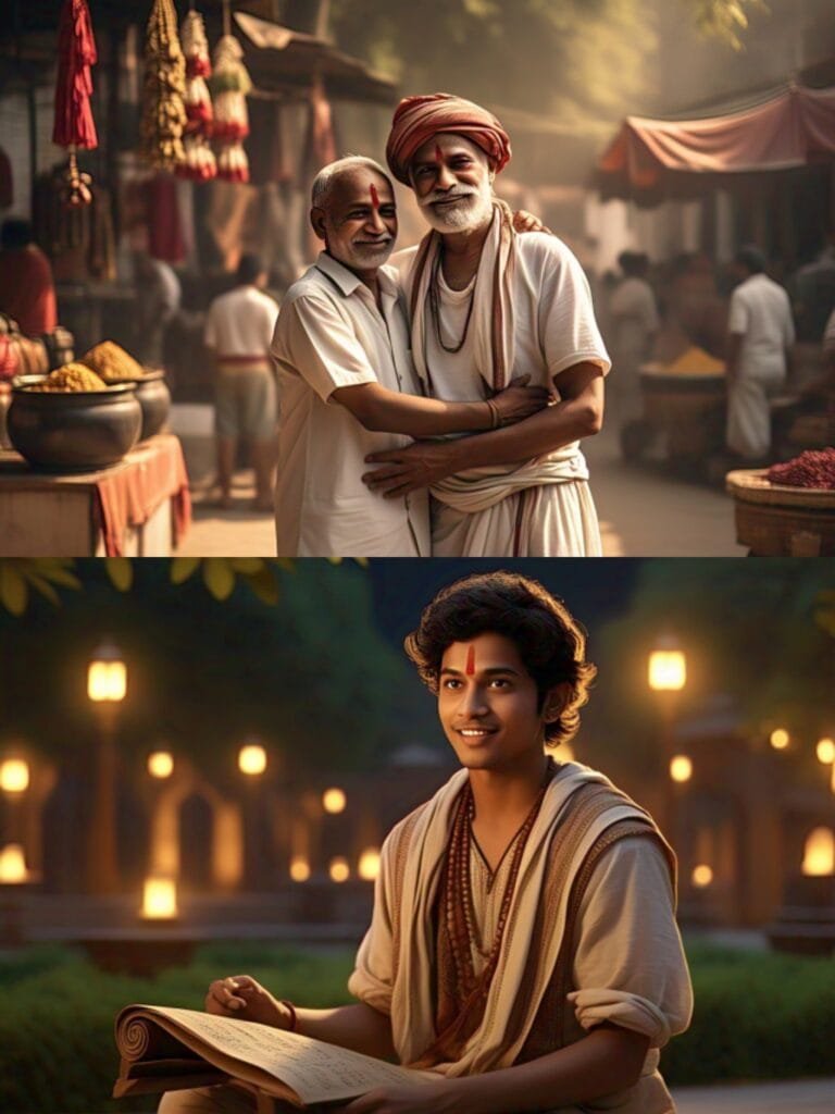 One day, at the marketplace, Naveen met his old friend Prakash, who was visiting the town after a long time. After exchanging greetings, they had a long chat about their respective lives over the years. During their friendly conversation, Naveen mentioned Amrapali’s marriage. Prakash quickly interrupted Naveen, saying, “I have a son named Manoj Kumar, a well-educated and handsome man. Why not strengthen our friendship by marrying Amrapali to Manoj Kumar?” Upon hearing his friend’s marriage proposal for his daughter, Naveen promised to contact him after consulting with his wife and daughter.