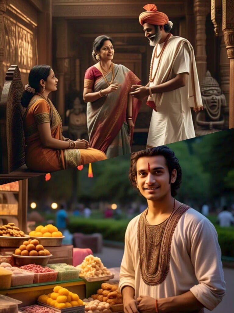 At home, Naveen’s wife was also eager to share good news about Amrapali’s marriage. While Naveen was at the market fetching vegetables, another family approached her with a marriage proposal for their son, Kishore Kumar, for Amrapali. Kishore Kumar had a well-established sweet shop in Nimar. He was a handsome and accomplished man with a pleasant personality. Naveen’s wife assured them that they would consider their proposal upon Naveen’s return.