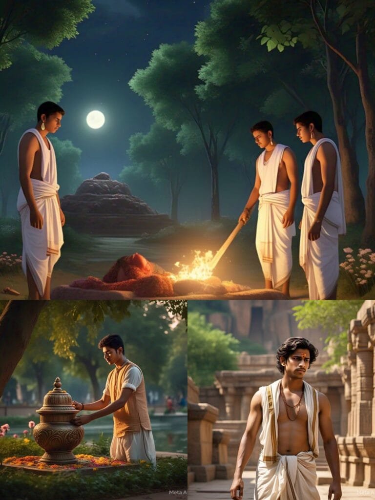 That day, there were three more heartbreaks—those of the three suitors who came for the Swayamvara in the hope of marrying Amrapali. This tragedy had an untold effect on their well-being in the coming days. The first suitor, Manoj Kumar, who was spellbound by Amrapali's charm, performed her last rites by lighting the funeral pyre and went on to live the life of an ascetic on the banks of the Kaveri River. The second suitor, Kishore Kumar, couldn't bear the loss of his soon-to-be bride, collected her ashes, and stored them in an urn. He built a cottage near the cemetery and lived an isolated life, with only the memory of Amrapali as solace. As for the third suitor, Surya Kumar, he lost his desire to live as he couldn't bear the thought of living without Amrapali's presence. With a grief-stricken heart, Surya Kumar wandered aimlessly from one place to another.