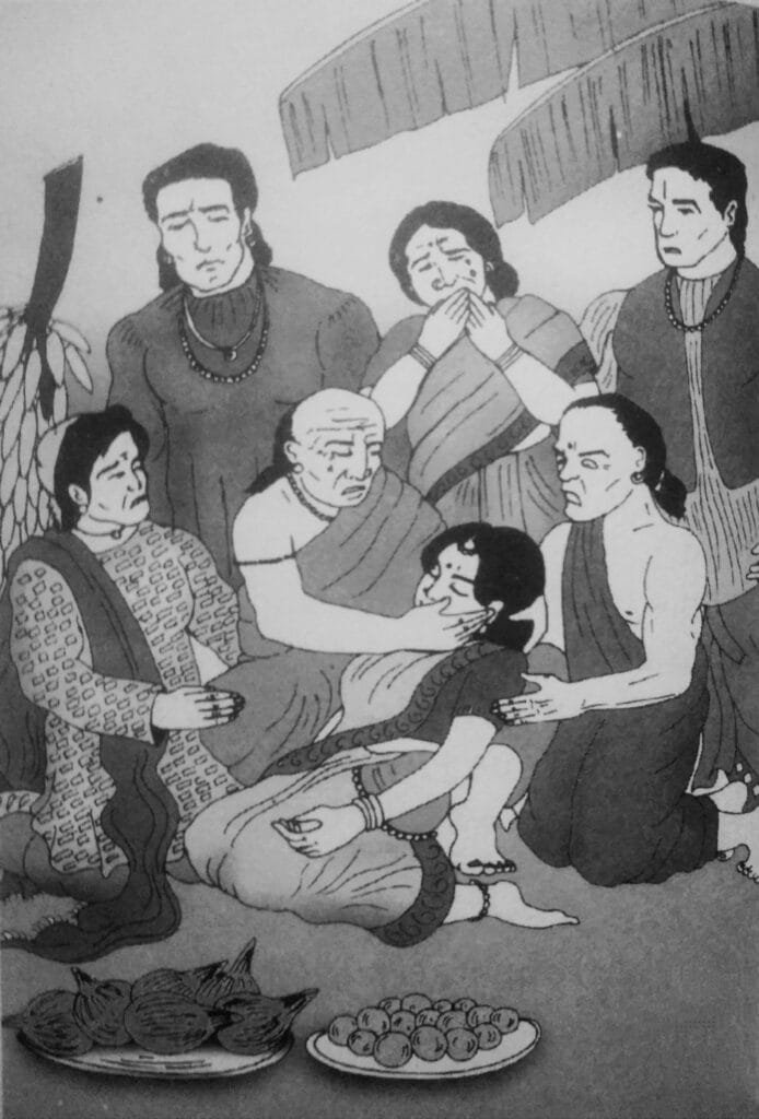 As all three suitors were exceptional and well-established, Amrapali's parents found it difficult to choose the right groom. Finally, they decided to hold a Swayamvara, inviting all three suitors to their home and allowing Amrapali to choose her life partner. On the day of the Swayamvara, all three suitors arrived. They were all well-mannered and worthy of becoming Naveen's son-in-law. After serving them a home-cooked meal, Amrapali entered to choose her husband. She was the epitome of grace and beauty. The moment the three grooms saw her, they were captivated. But before Amrapali could see them, a cobra appeared from nowhere and bit her foot. She fell to the ground and died instantly, before anyone could react.