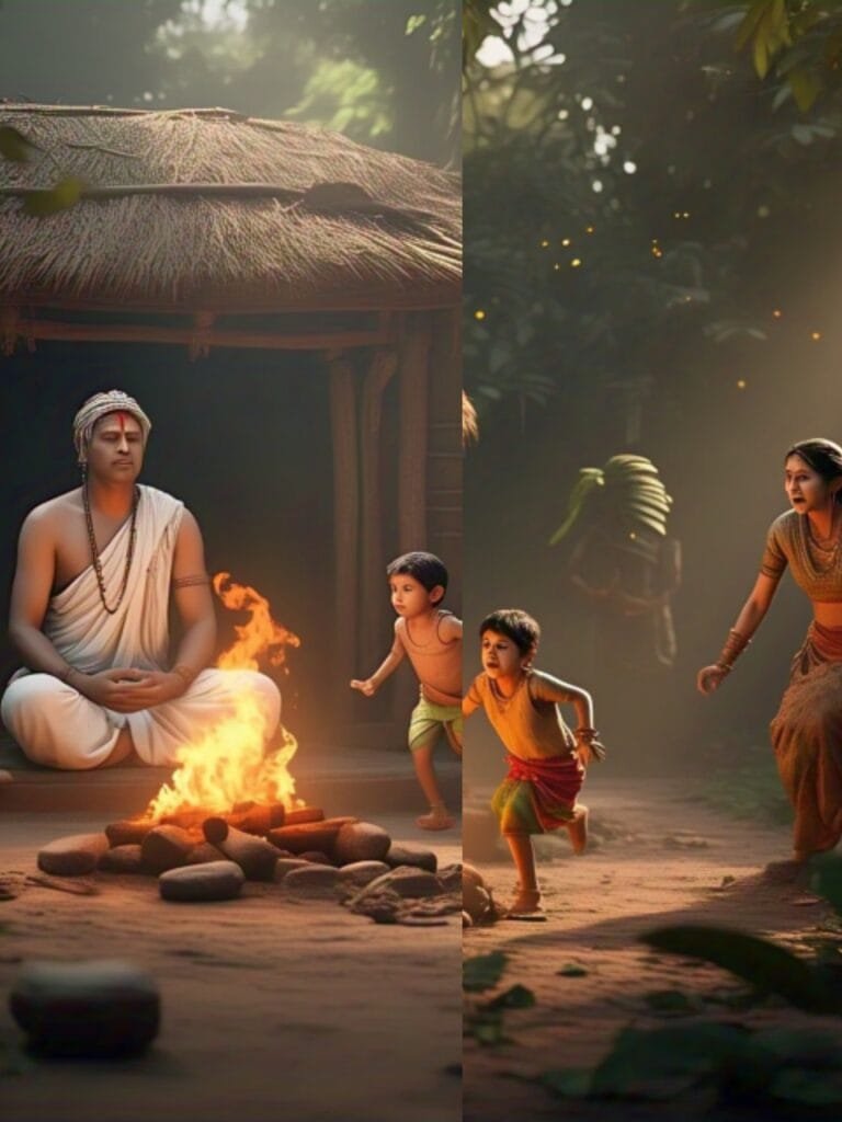 One cold morning, Surya Kumar passed by the house of a Tantrik, who was in deep meditation. Before him, a fire was burning to ward off the extreme cold. Suddenly, his son came running out of the house while his angry mother chased him. In his hasty escape, he didn't see the fire burning before him and fell into it, turning to ashes. The Tantrik's wife cried inconsolably due to the loss of her only child. Her heart-wrenching cries broke the Tantrik's deep trance. When he understood the cause of his wife's cries, he chanted a few mantras and sprinkled some drops of holy water on the ashes of his child. The ashes first assembled into a complete skeleton of a young boy, then the skeleton was clothed with internal organs and flesh, and lastly, it was covered with skin. The Tantrik then recited a life-giving spell, restoring his son's lifeless body.