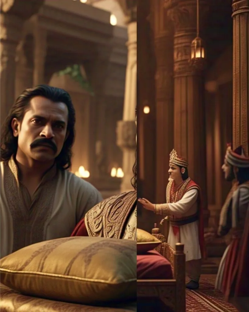 When the grand banquet was over, Emperor Samudragupta and his ministers were taken to the royal chamber for some much-needed rest. As Emperor Samudragupta was about to lie down on the bed, Harisena cautioned him and said, "O Emperor Samudragupta, I think that pillow is dangerous, and I request you to allow Virasena to check it."