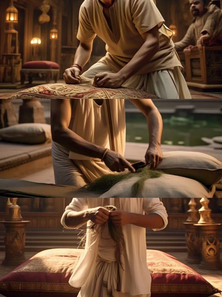 Samudragupta granted the request, and Virasena began his investigation. He checked the pillow thoroughly but was not satisfied with his efforts. Then he tore open the pillow to investigate further. There, he saw strands of some animal hairs. Upon touching and smelling them, Virasena said, "Your Majesty, Harisena is right. This pillow is stuffed with poisonous hairs from an animal. Had you lain down on this pillow, those poisonous animal hairs would have pierced your skin and instantly killed you."