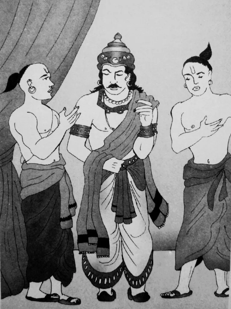 Harisena said, "O Emperor Samudragupta, King Vyaghraraja is a great king, but we sensed his jealousy towards the prosperity of our Empire, which makes him your foe."Emperor Samudragupta then turned towards Virasena and asked, "Virasena, what's your take on this matter?"Virasena said, "Your Majesty, Harisena is right, but we should accept the offer of friendship with caution, as we will need the military assistance of King Vyaghraraja in our campaigns in the southern regions of India. Not to forget that Mahakantara is also a rich kingdom."